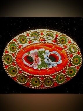 Vintage Italian Mosaic Floral Oval Brooch — Orange, Red, Green, Gold